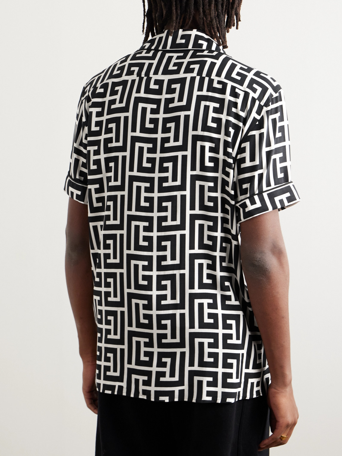 Shop Balmain Camp-collar Monogrammed Matte-satin Shirt In Black