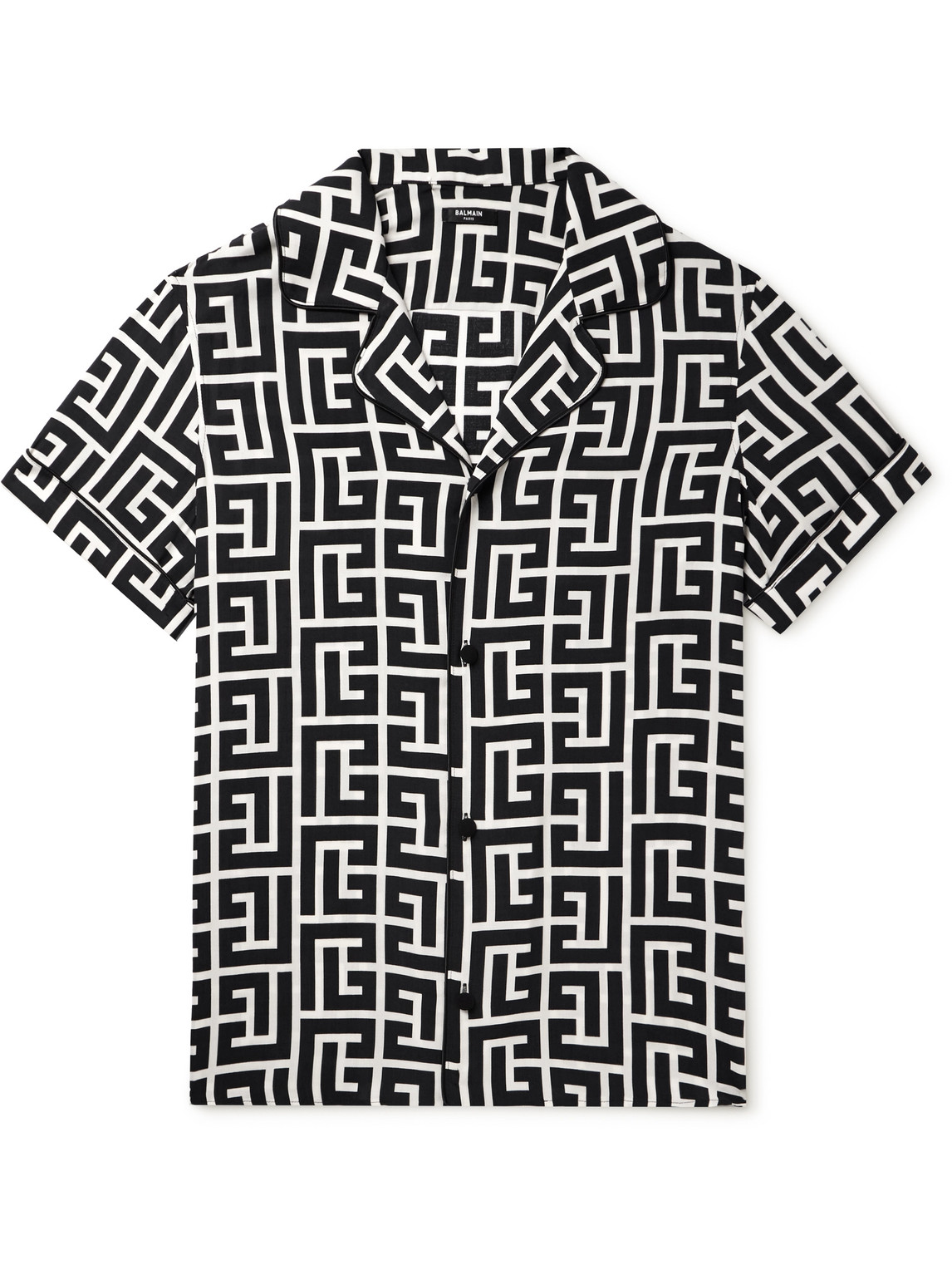 Shop Balmain Camp-collar Monogrammed Matte-satin Shirt In Black