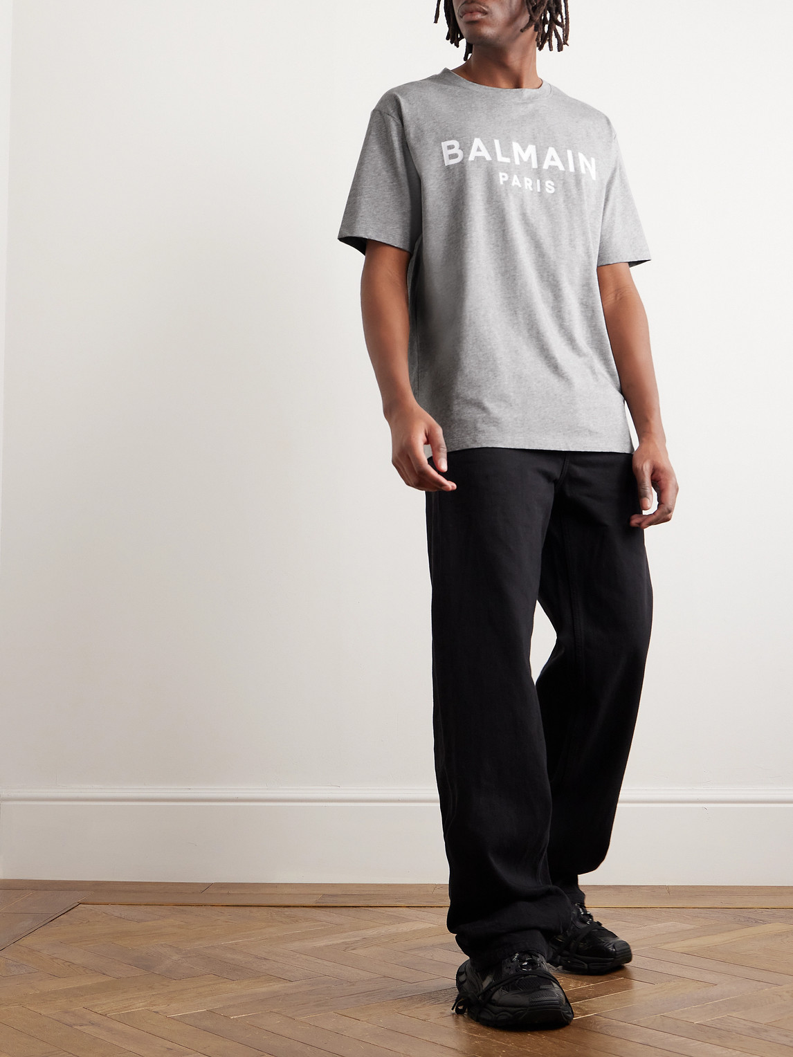 Shop Balmain Logo-print Cotton-jersey T-shirt In Gray