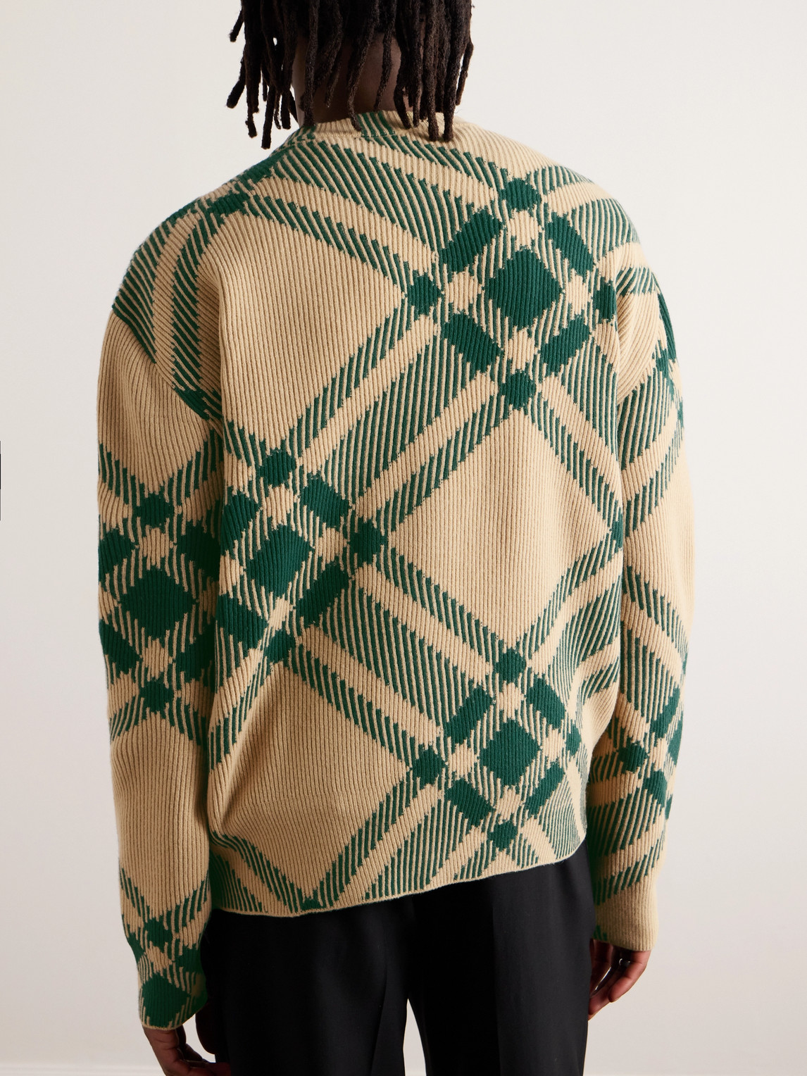 Shop Burberry Checked Ribbed Wool-blend Cardigan In Neutrals