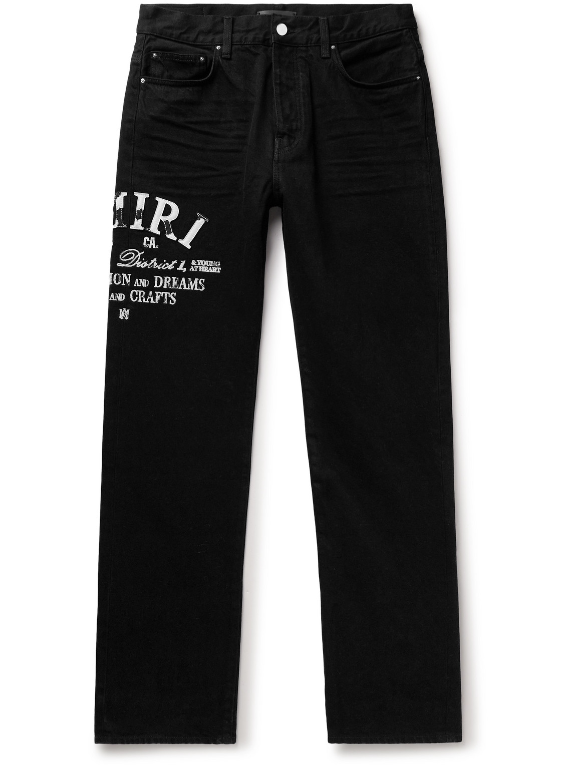 Amiri Straight-leg Distressed Leather-trimmed Logo-embroidered Jeans In Black