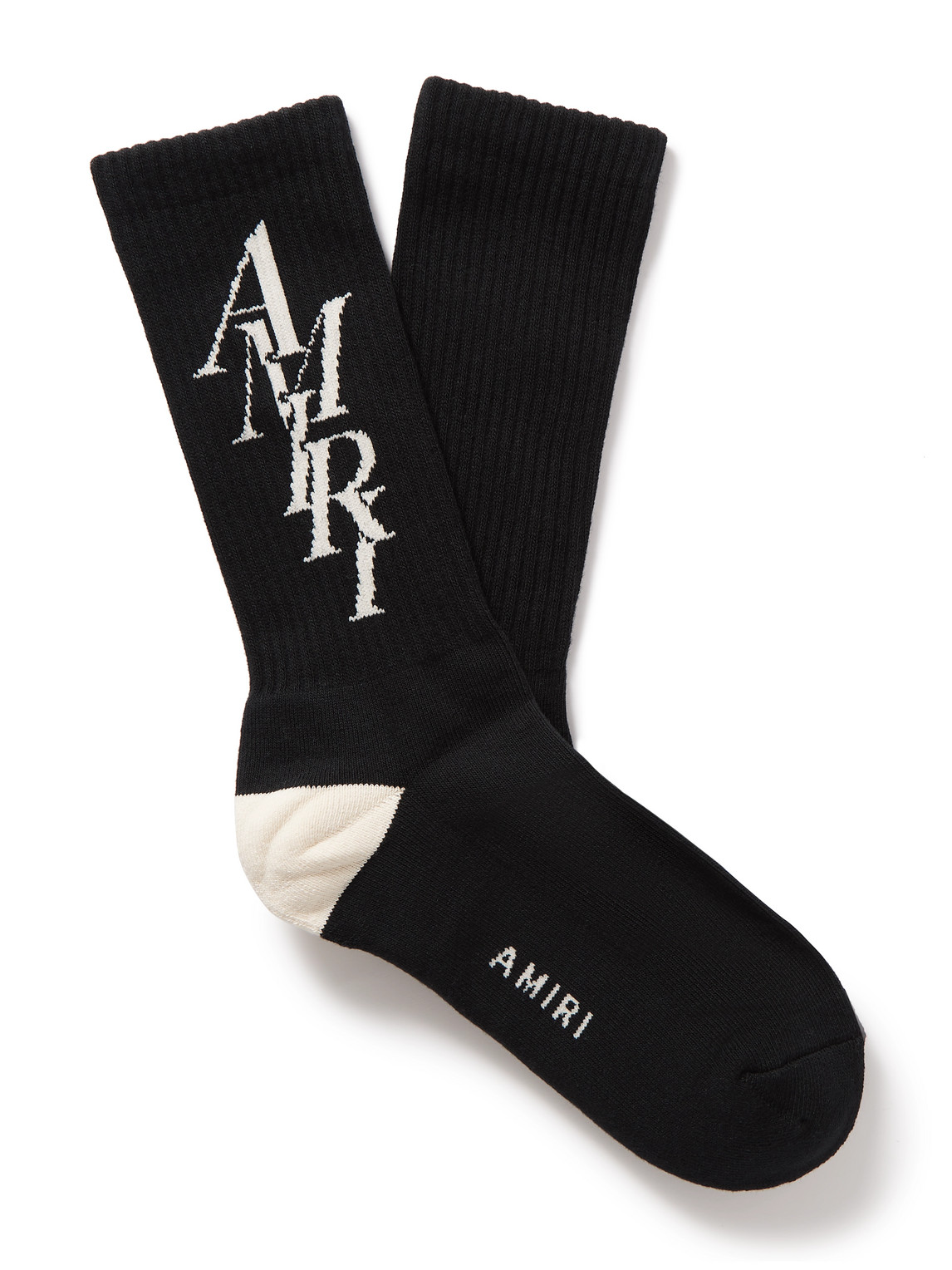 Shop Amiri Stack Logo-jacquard Ribbed Cotton-blend Socks In Black