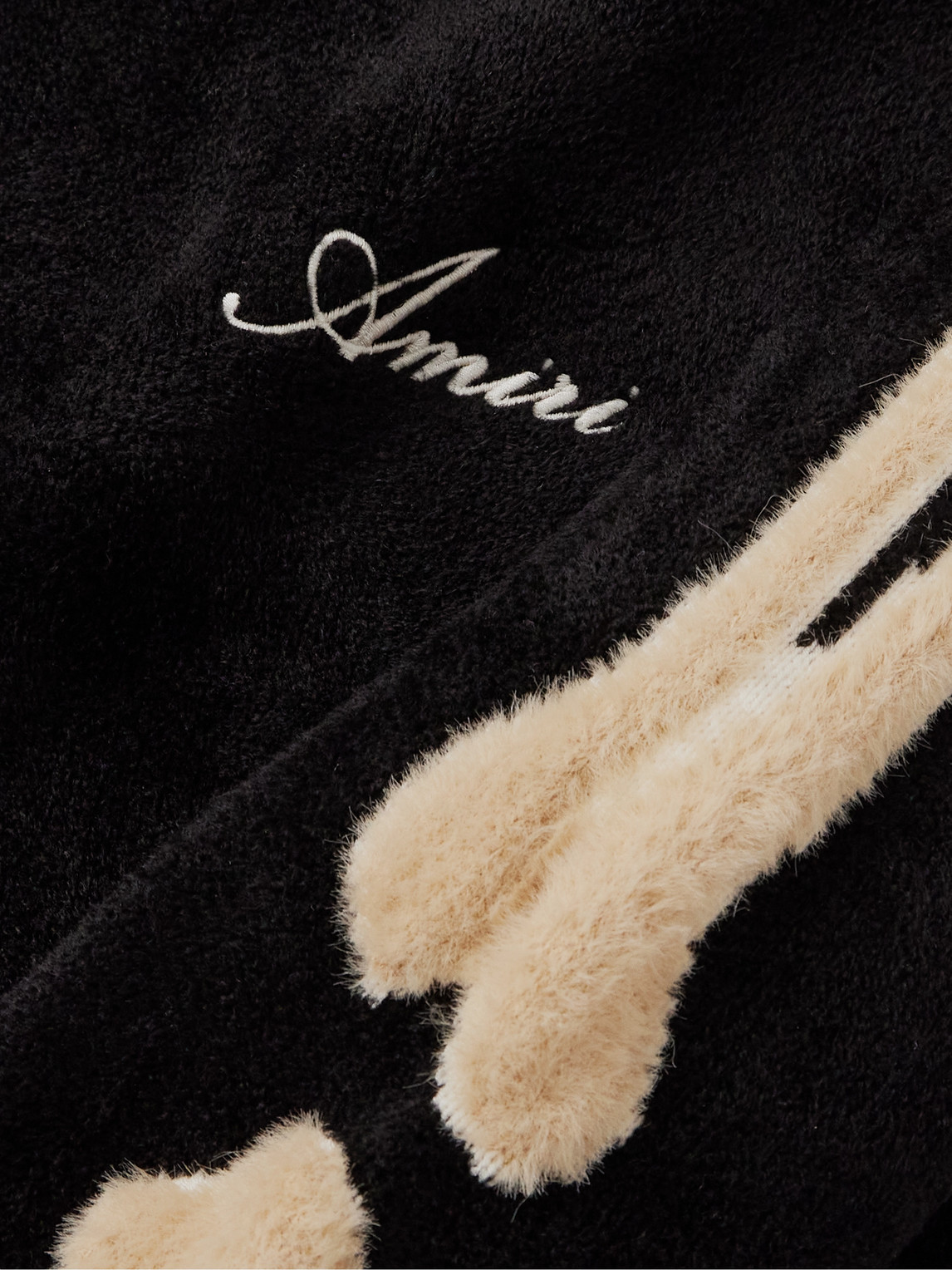 Shop Amiri Bones Fleece-trimmed Logo-embroidered Chenille Hoodie In Black