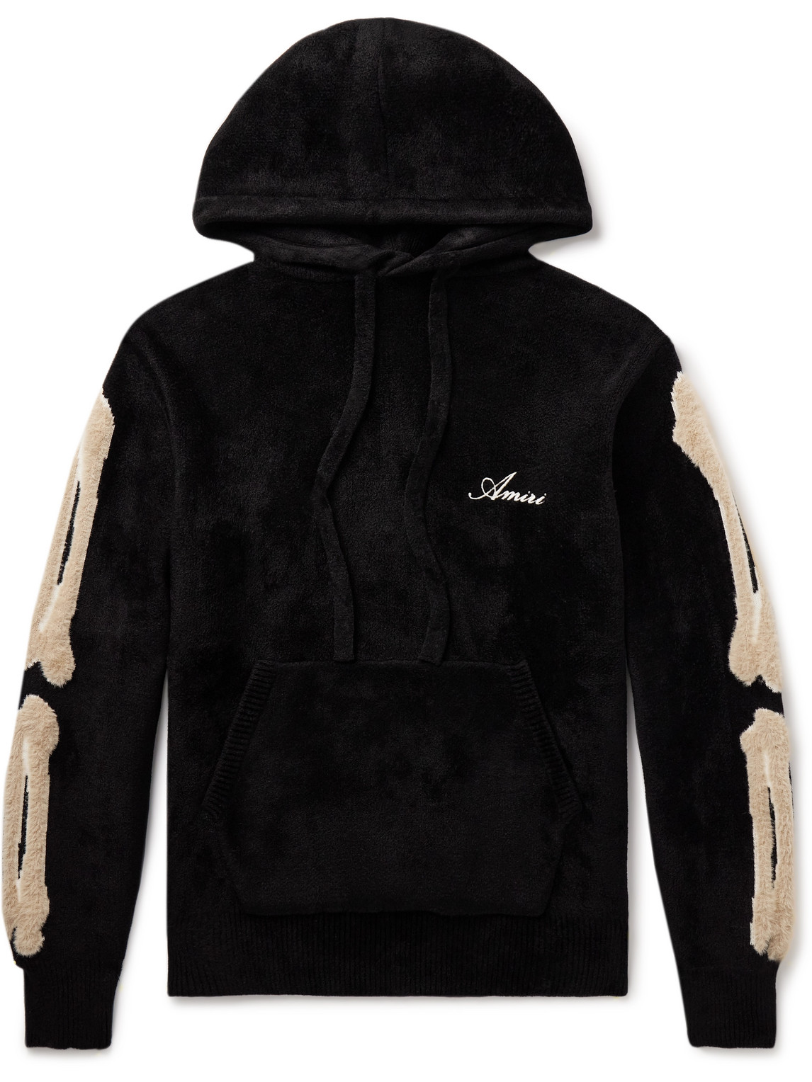 Shop Amiri Bones Fleece-trimmed Logo-embroidered Chenille Hoodie In Black