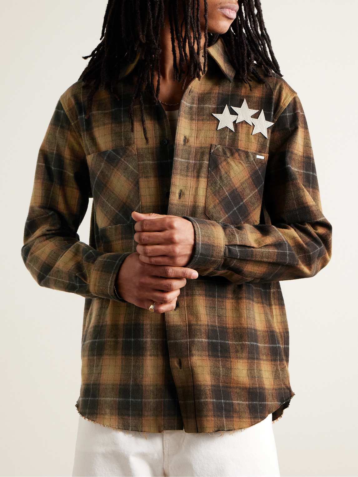 Shop Amiri Leather-appliquéd Logo-embroidered Checked Cotton-flannel Shirt In Brown