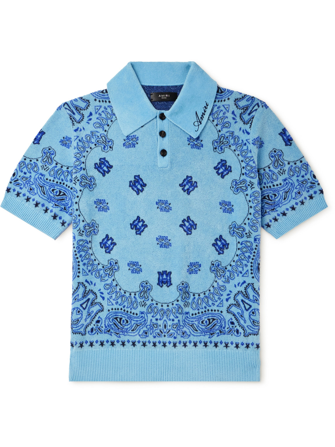 Amiri Logo-embroidered Paisley-jacquard Fleece Polo Shirt In Blue