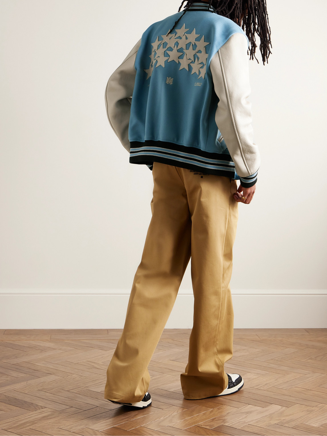 Shop Amiri Appliquéd Wool-blend And Leather Varsity Jacket In Blue