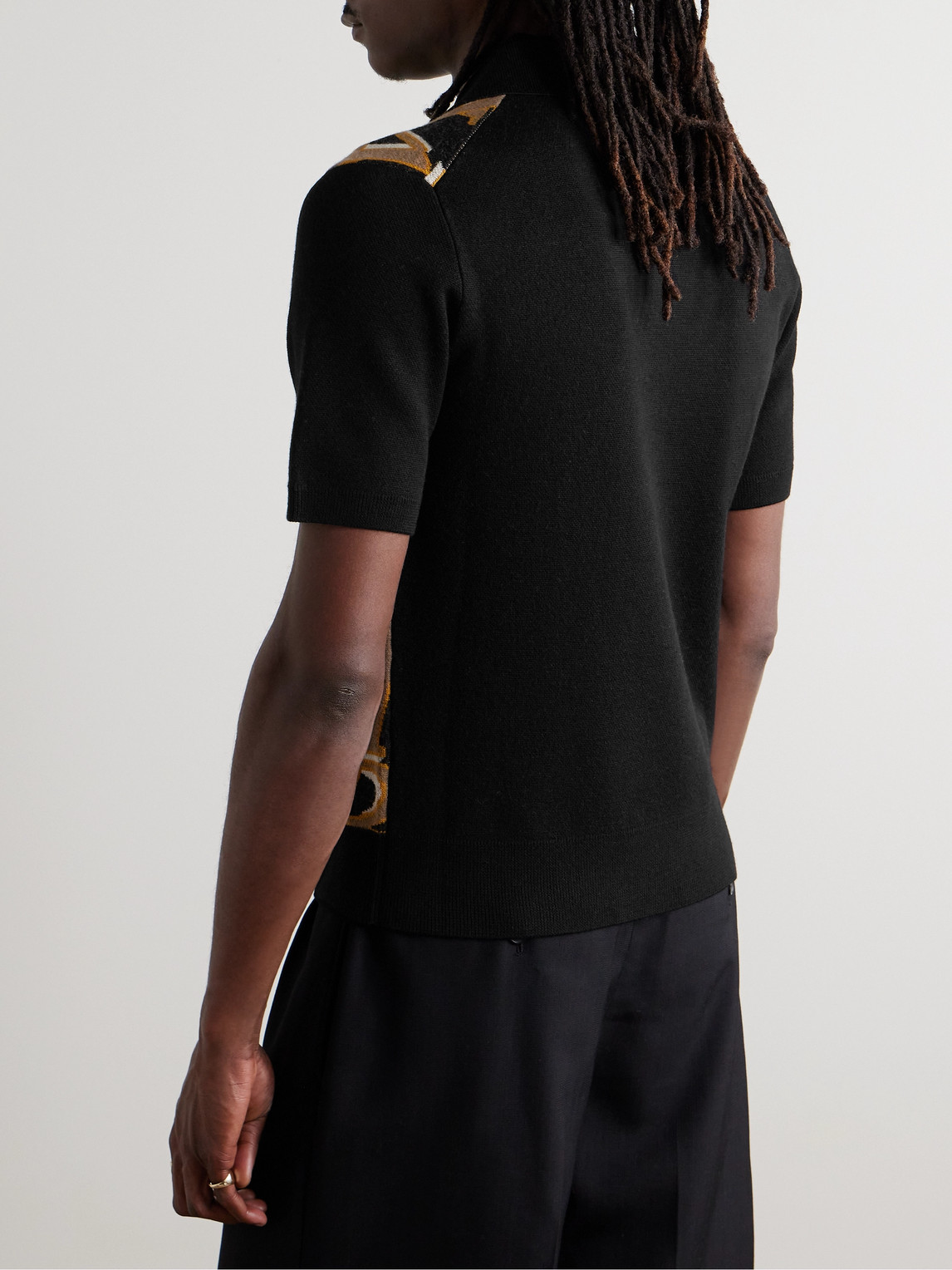 Shop Amiri Jacquard-knit Wool Polo Shirt In Black