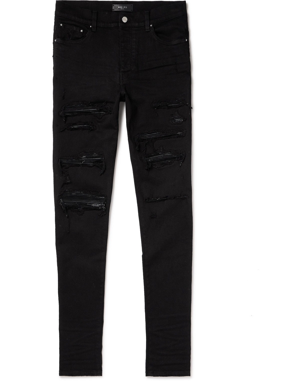 Amiri Thrasher Skinny-fit Leather-panelled Distressed Jeans In Black