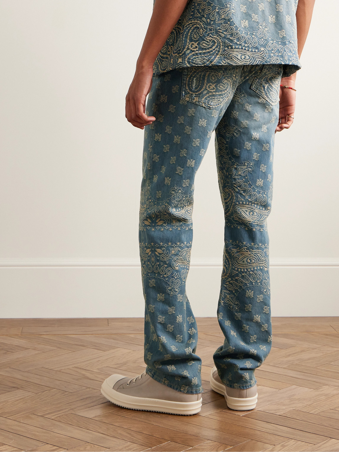Shop Amiri Straight-leg Distressed Bandana-jacquard Jeans In Blue