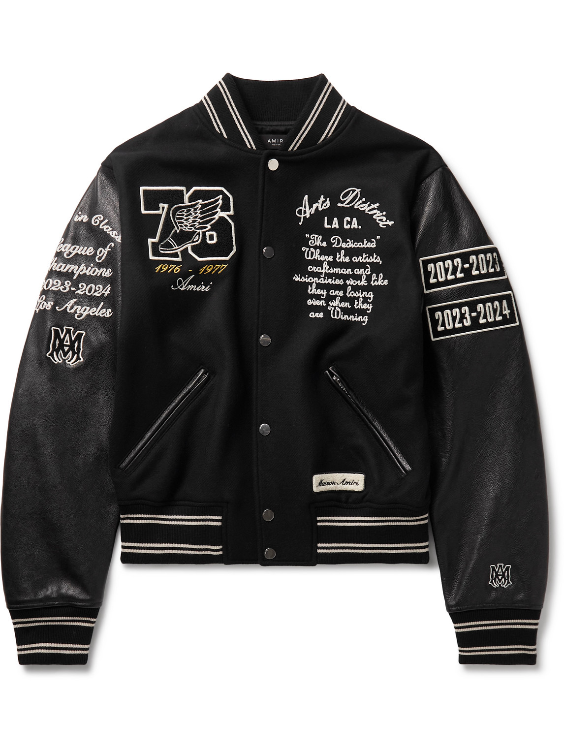 Shop Amiri Appliquéd Embroidered Leather And Melton Wool-blend Varsity Jacket In Black