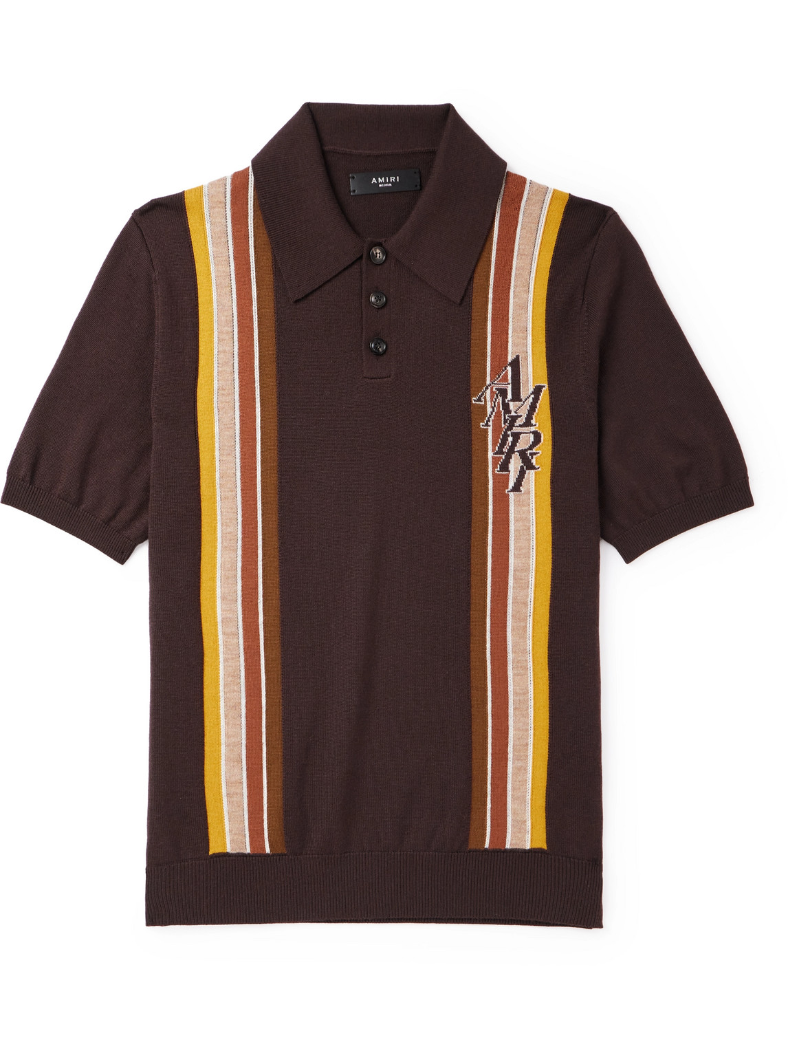 Shop Amiri Striped Wool And Cotton-blend Polo Shirt In Brown