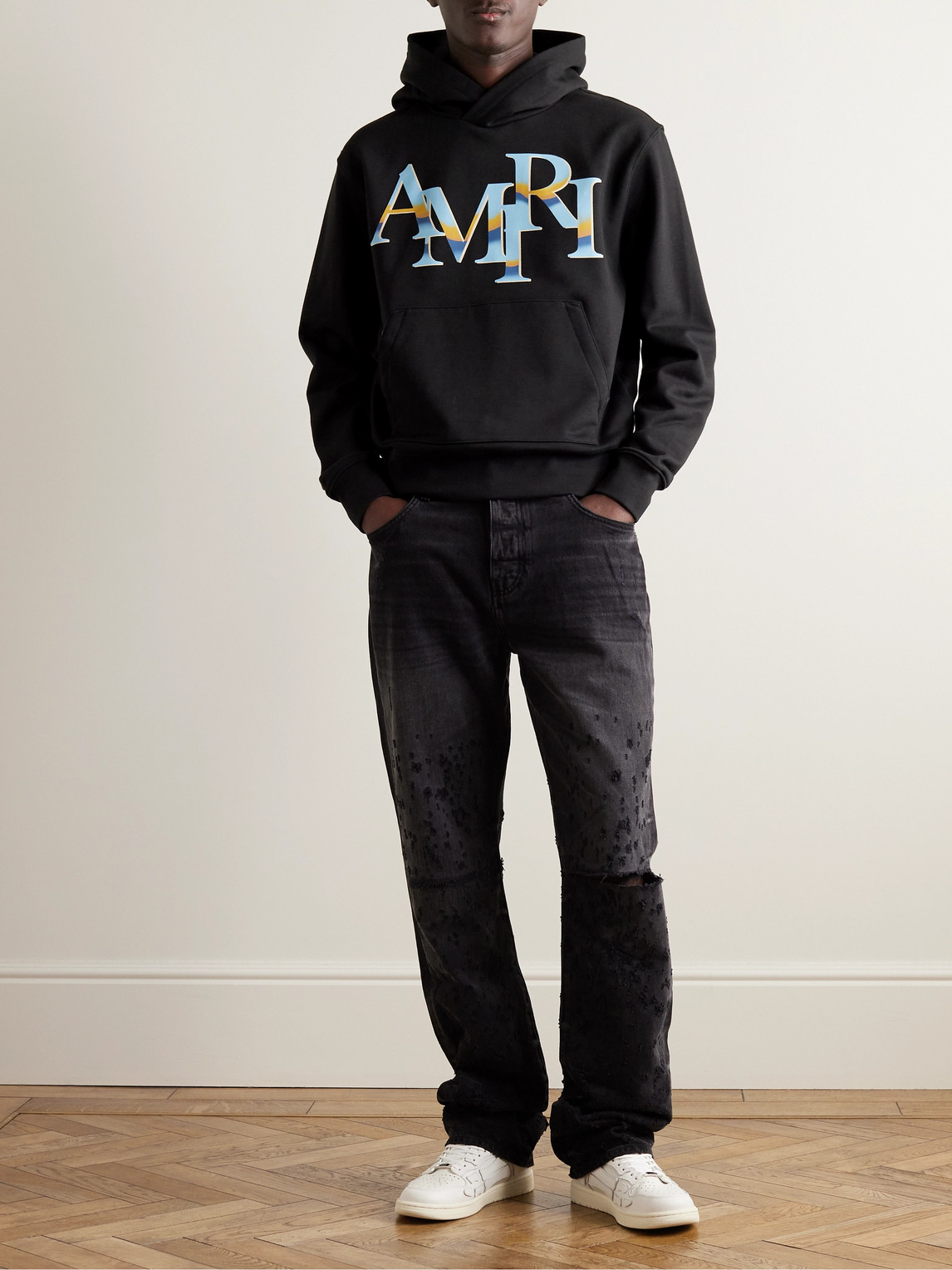 Shop Amiri Staggered Chrome Logo-print Cotton-jersey Hoodie In Black