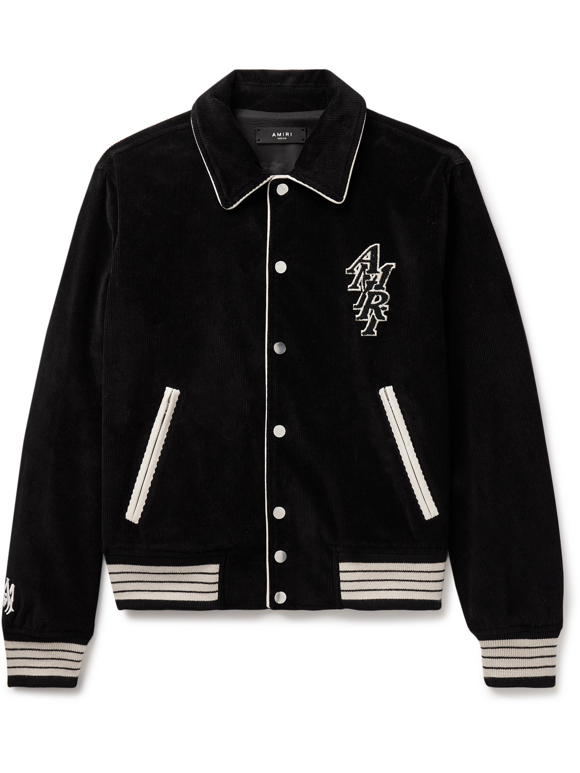 Shop Amiri Logo-appliquéd Leather-trimmed Cotton-blend Corduroy Varsity Jacket In Black