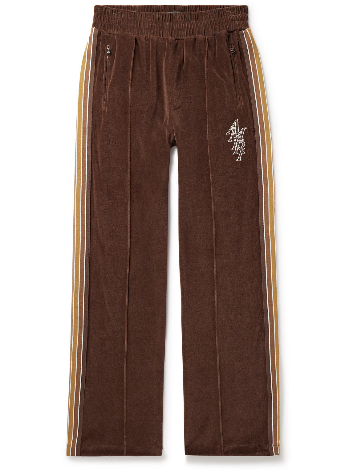 Amiri Stack Straight-leg Striped Logo-embroidered Cotton-velour Track Pants In Brown
