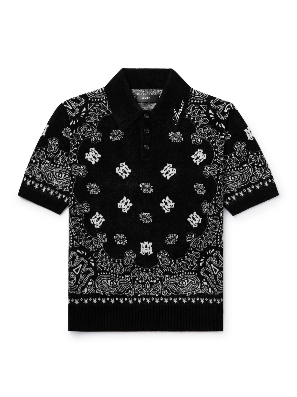 Amiri Logo-embroidered Paisley-jacquard Fleece Polo Shirt In Black