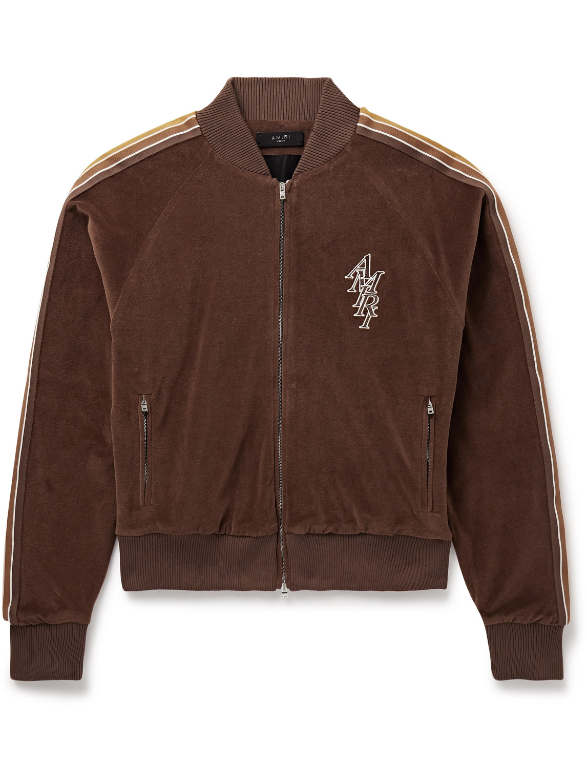 Amiri Stack Striped Logo-embroidered Cotton-velour Track Jacket In Brown