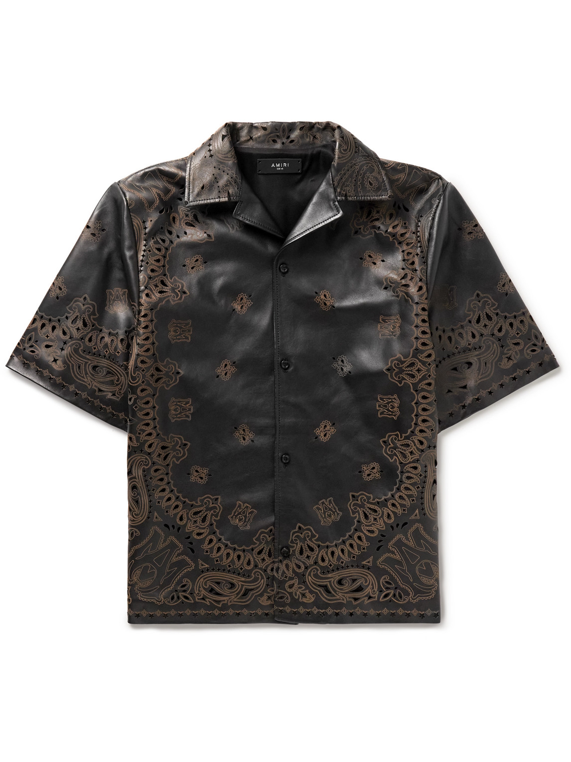 Camp-Collar Laser-Etched Perforated Leather Shirt