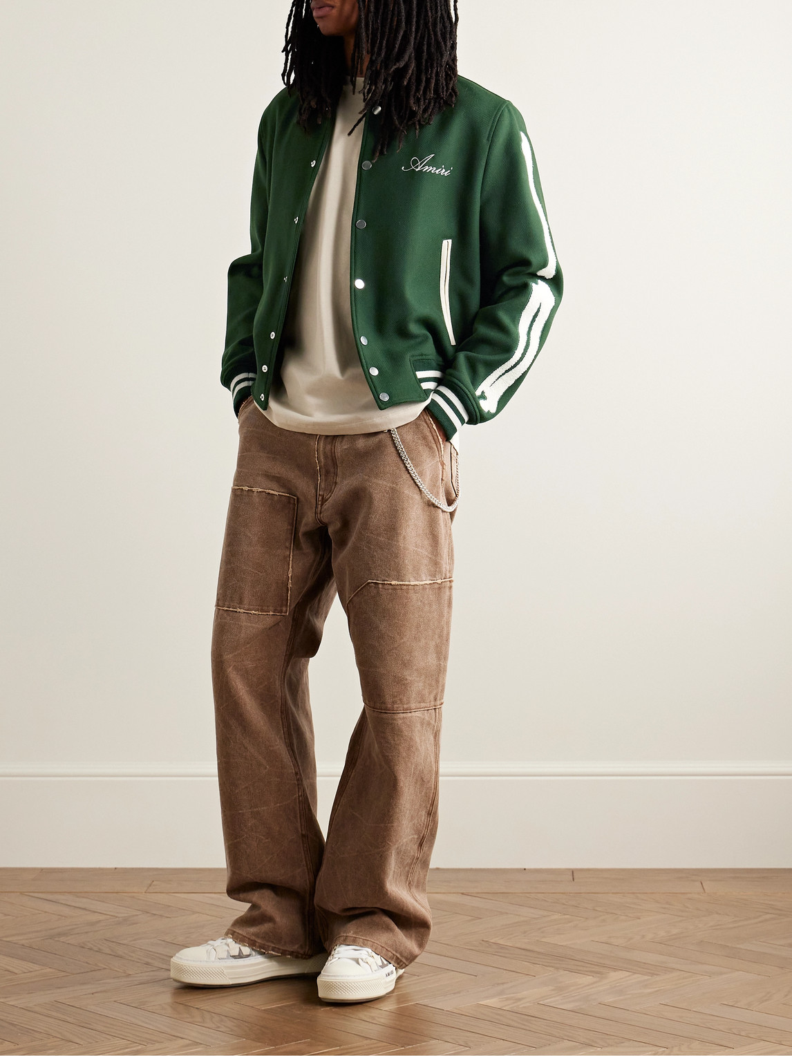 Shop Amiri Bones Leather-trimmed Appliquéd Melton Wool-blend Varsity Jacket In Green