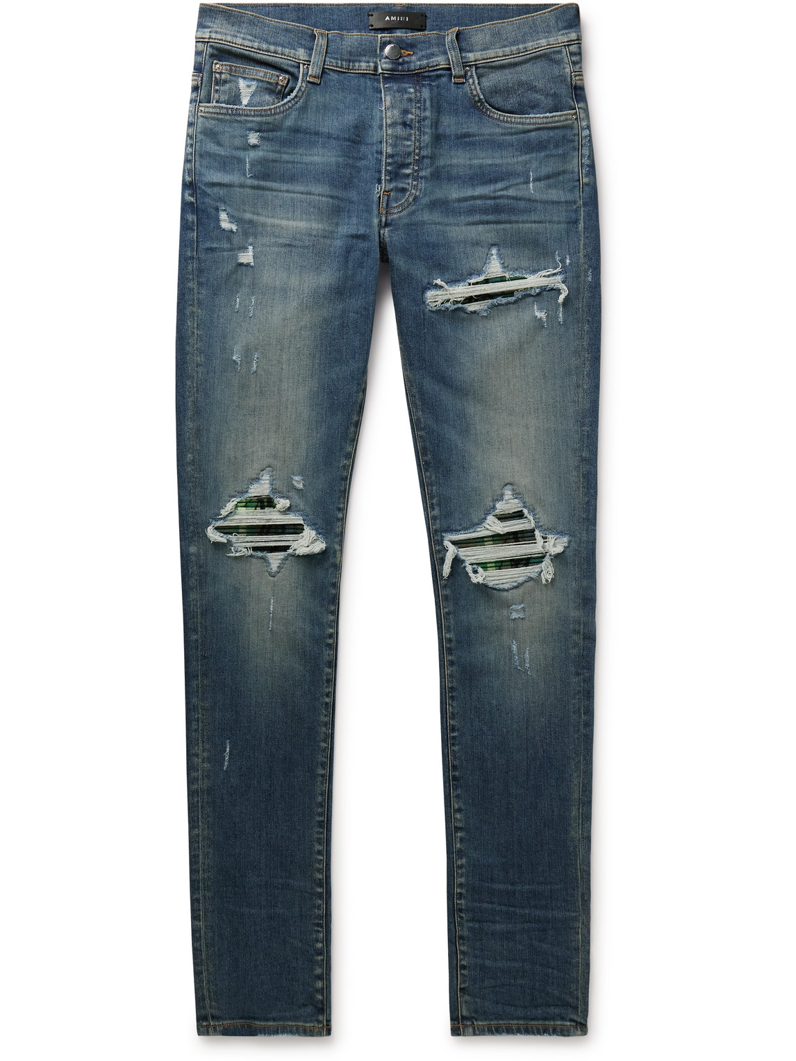 Amiri Mx1 Skinny-fit Panelled Distressed Jeans In Blue