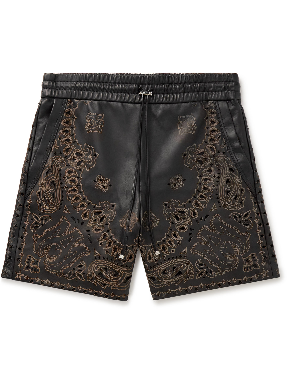 Amiri Straight-leg Laser-etched Perforated Leather Drawstring Shorts In Black
