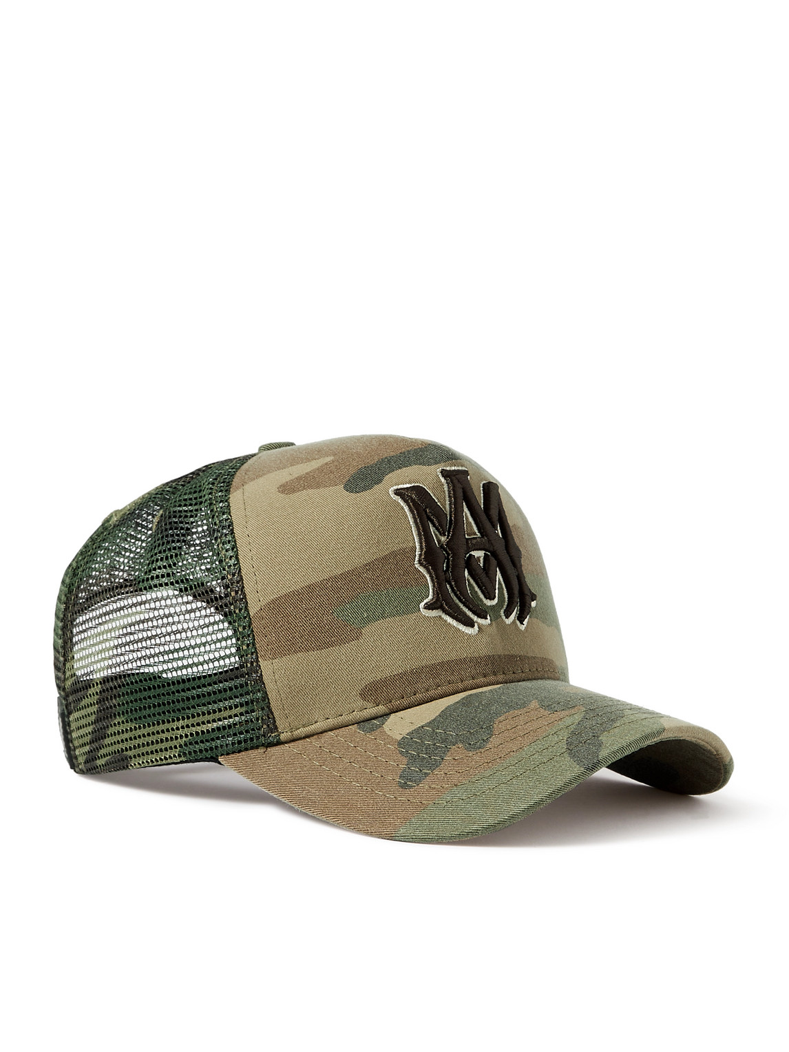 Amiri Ma Logo-embroidered Camouflage-print Cotton-canvas And Mesh Trucker Cap In Green