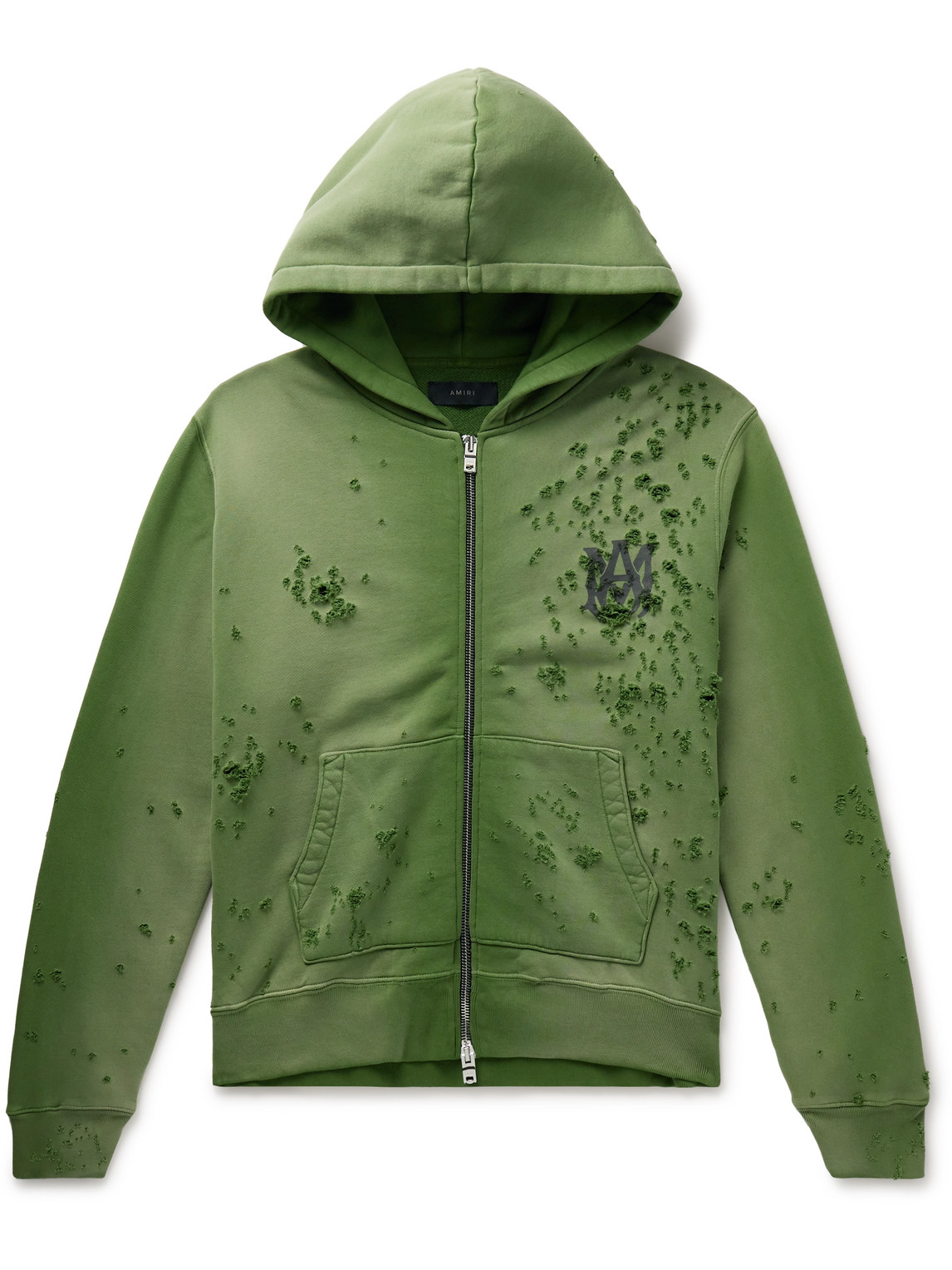 Amiri Distressed Logo-print Cotton-jersey Zip-up Hoodie In Green