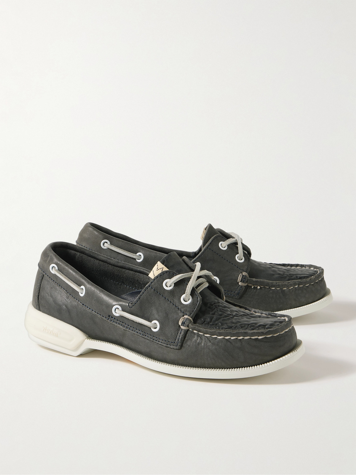 Shop Visvim Americana Ii Eye-folk Textured-leather Boat Shoes In Gray