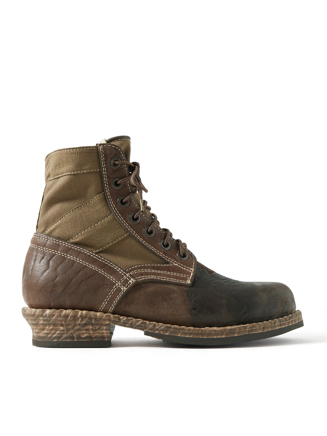 Visvim '73 Folk Distressed Waxed-suede, Canvas And Leather Boots In Brown
