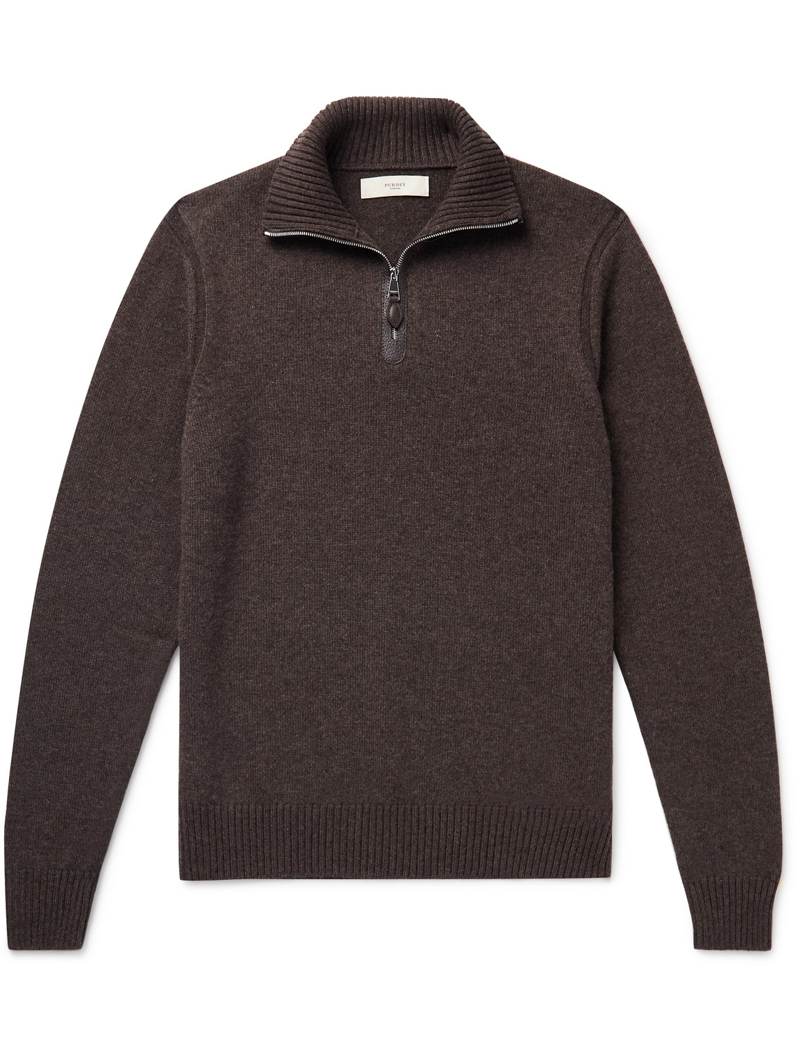 Purdey Leather-trimmed Cashmere Half-zip Sweater In Brown