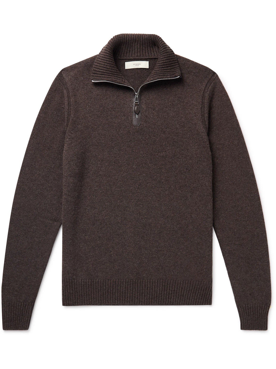 Purdey Leather-trimmed Cashmere Half-zip Jumper In Brown