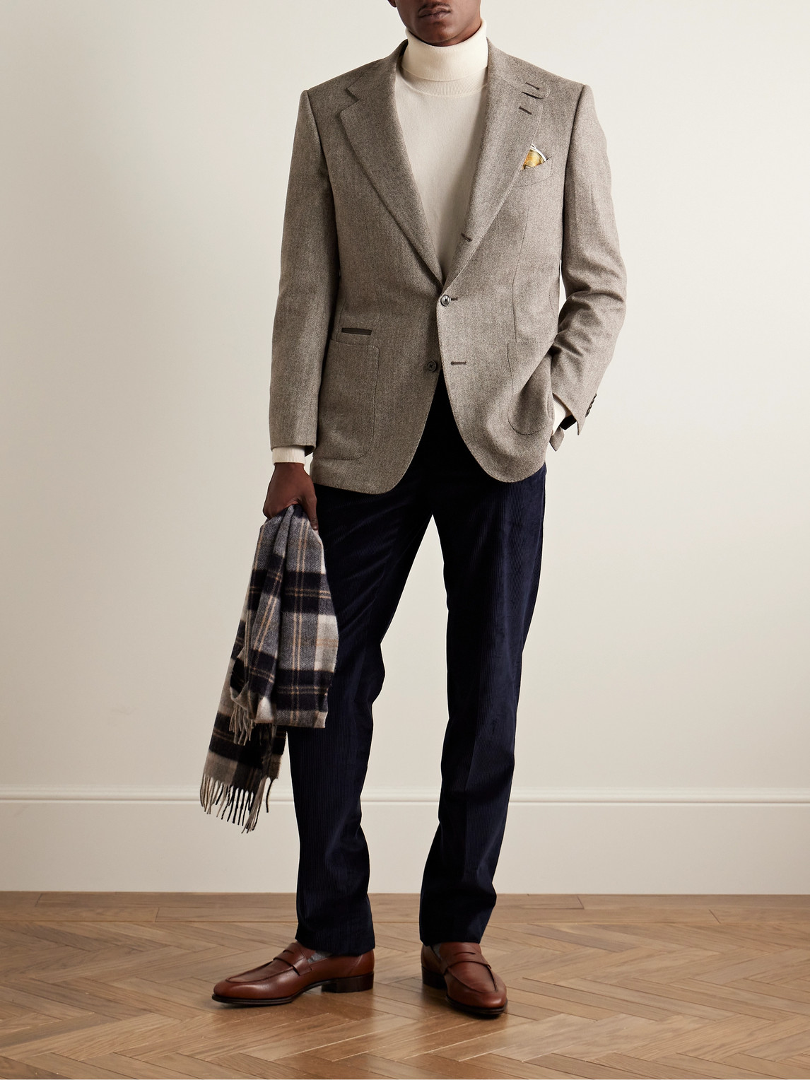 Shop Purdey Hacking Leather-trimmed Herringbone Wool And Cashmere-blend Tweed Blazer In Neutrals