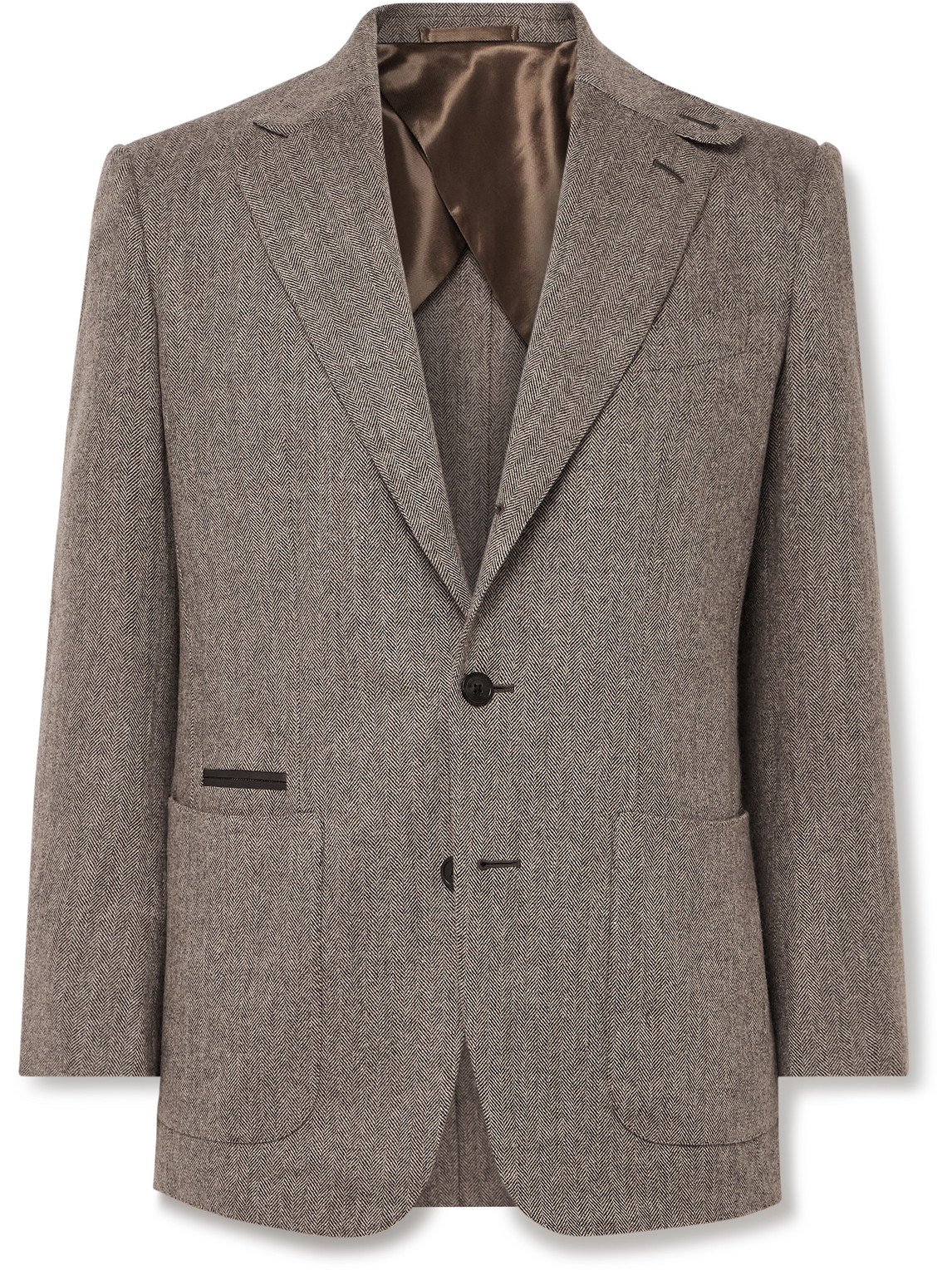 Hacking Leather-Trimmed Herringbone Wool and Cashmere-Blend Tweed Blazer
