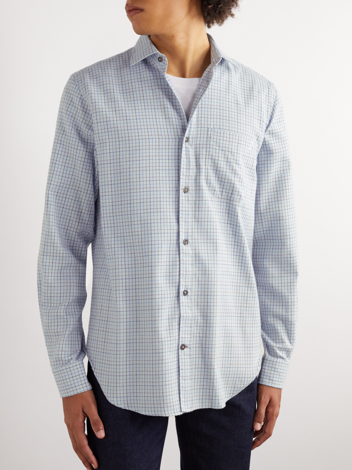 Shop Purdey Checked Cotton And Cashmere-blend Shirt In Blue