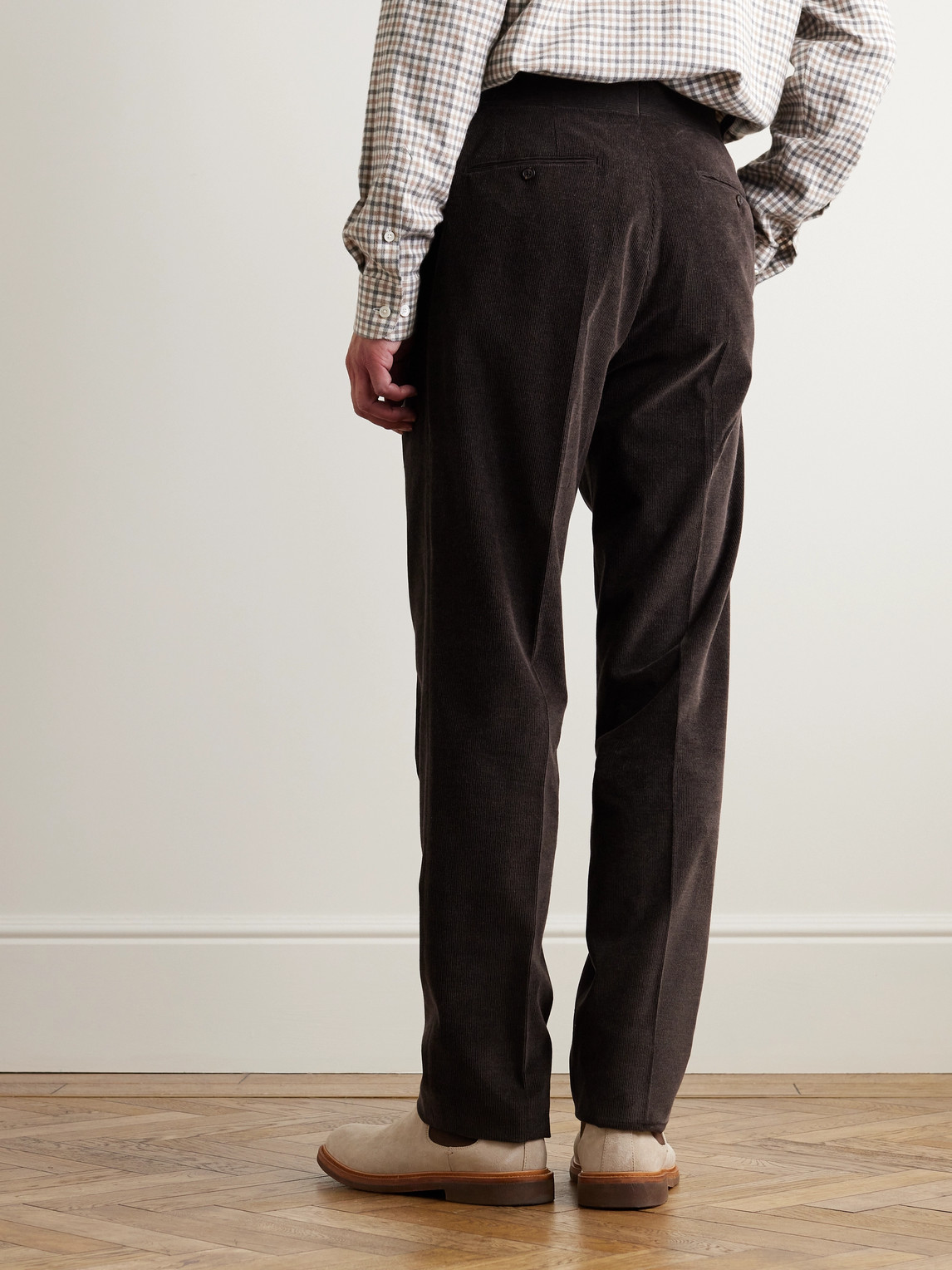 Shop Purdey Tapered Pleated Cotton-corduroy Trousers In Brown