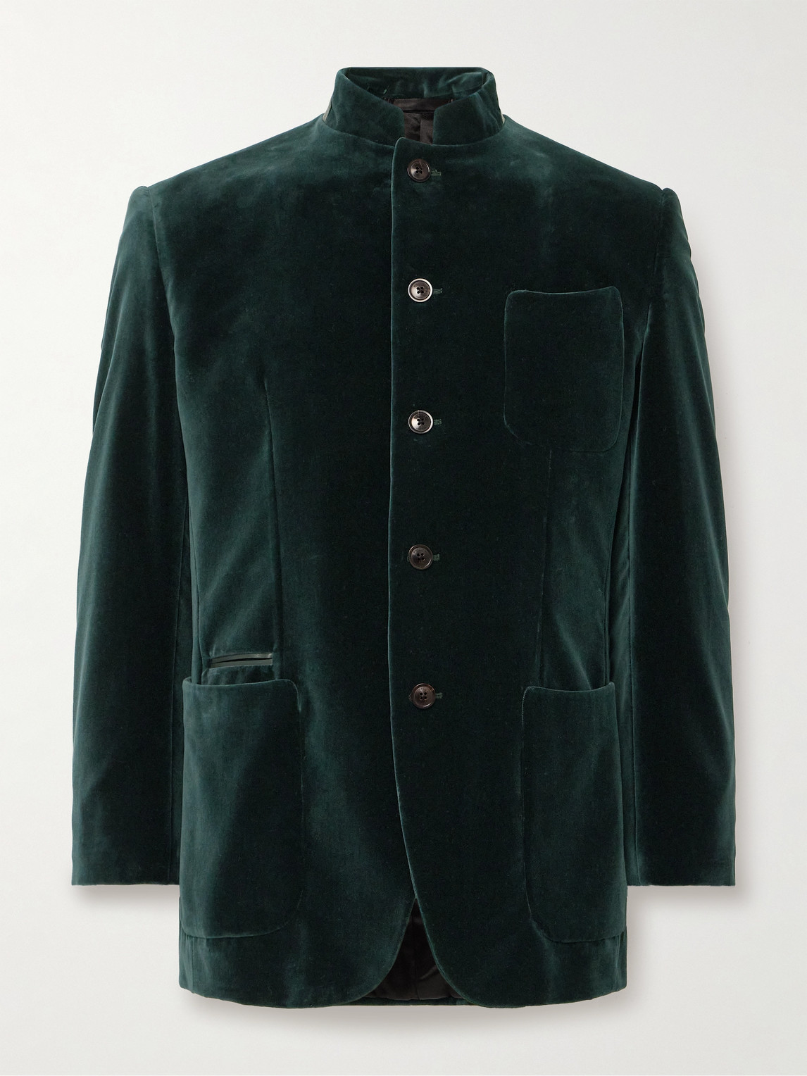 Purdey Estate Mandarin-collar Leather-trimmed Cotton-velvet Tuxedo Jacket In Green