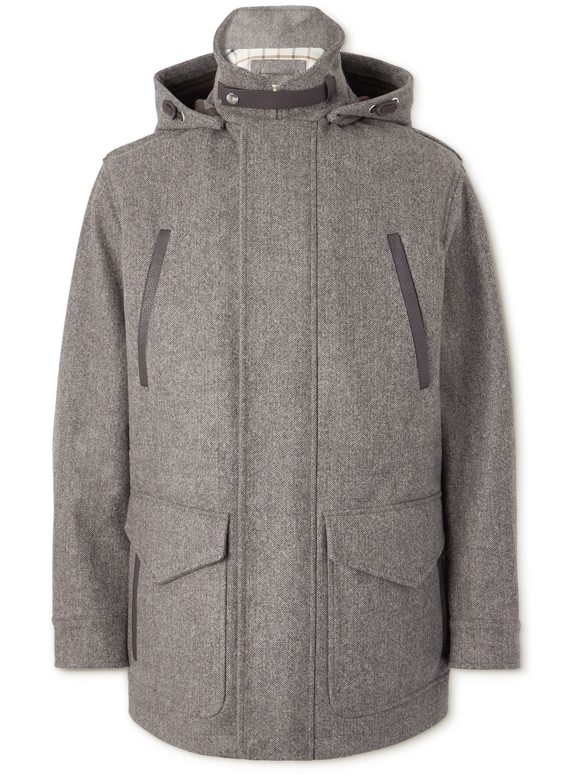 Purdey Field Leather-trimmed Herringbone Wool Parka In Grey