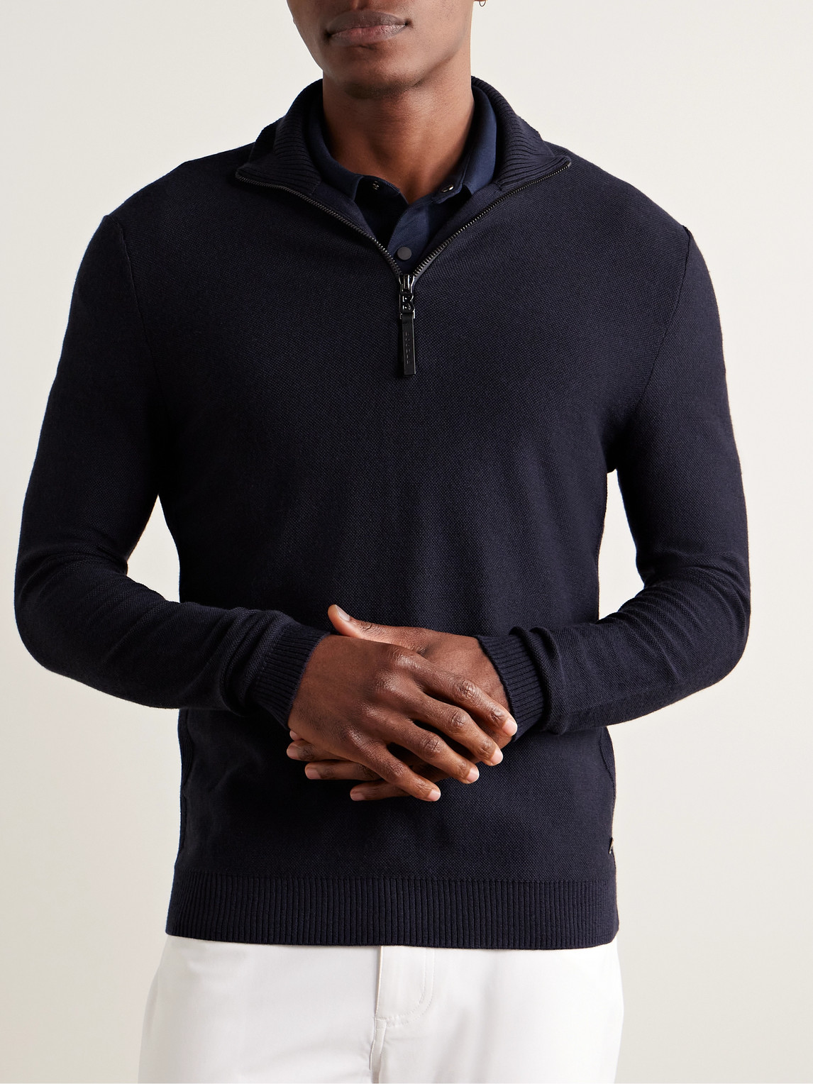 Shop Bogner Lias Slim-fit Virgin Wool And Cotton-blend Half-zip Sweater In Blue
