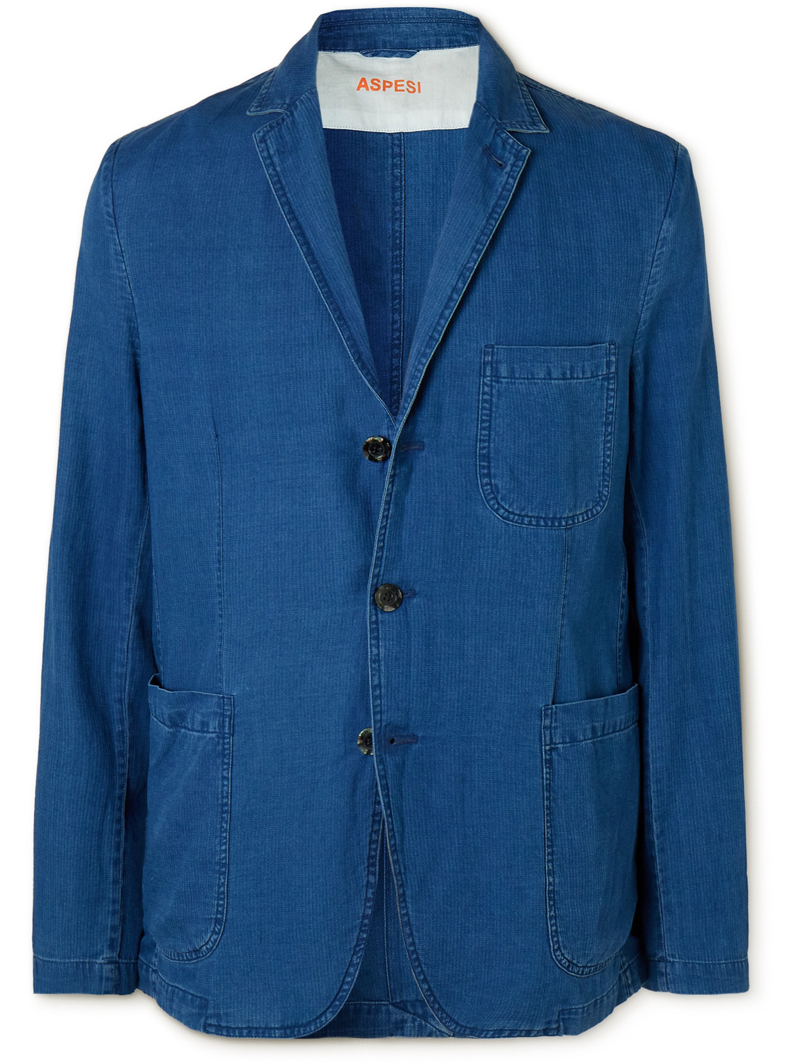 Aspesi Samuraki Unstructured Convertible-collar Herringbone Cotton Blazer In Blue