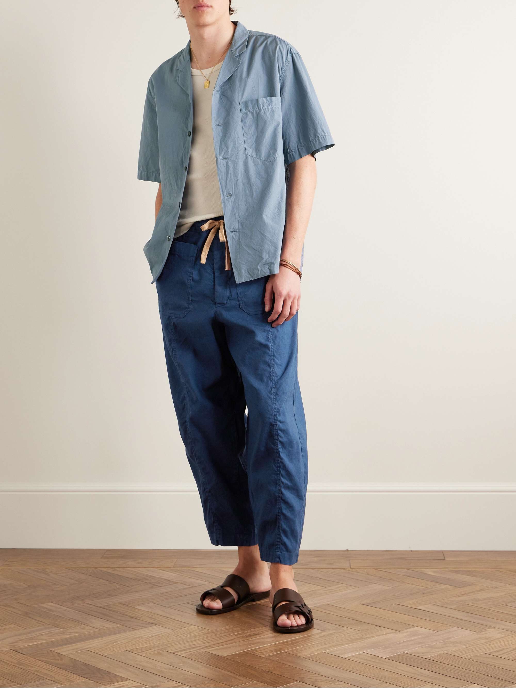 Linen wide-leg drawstring trousers –