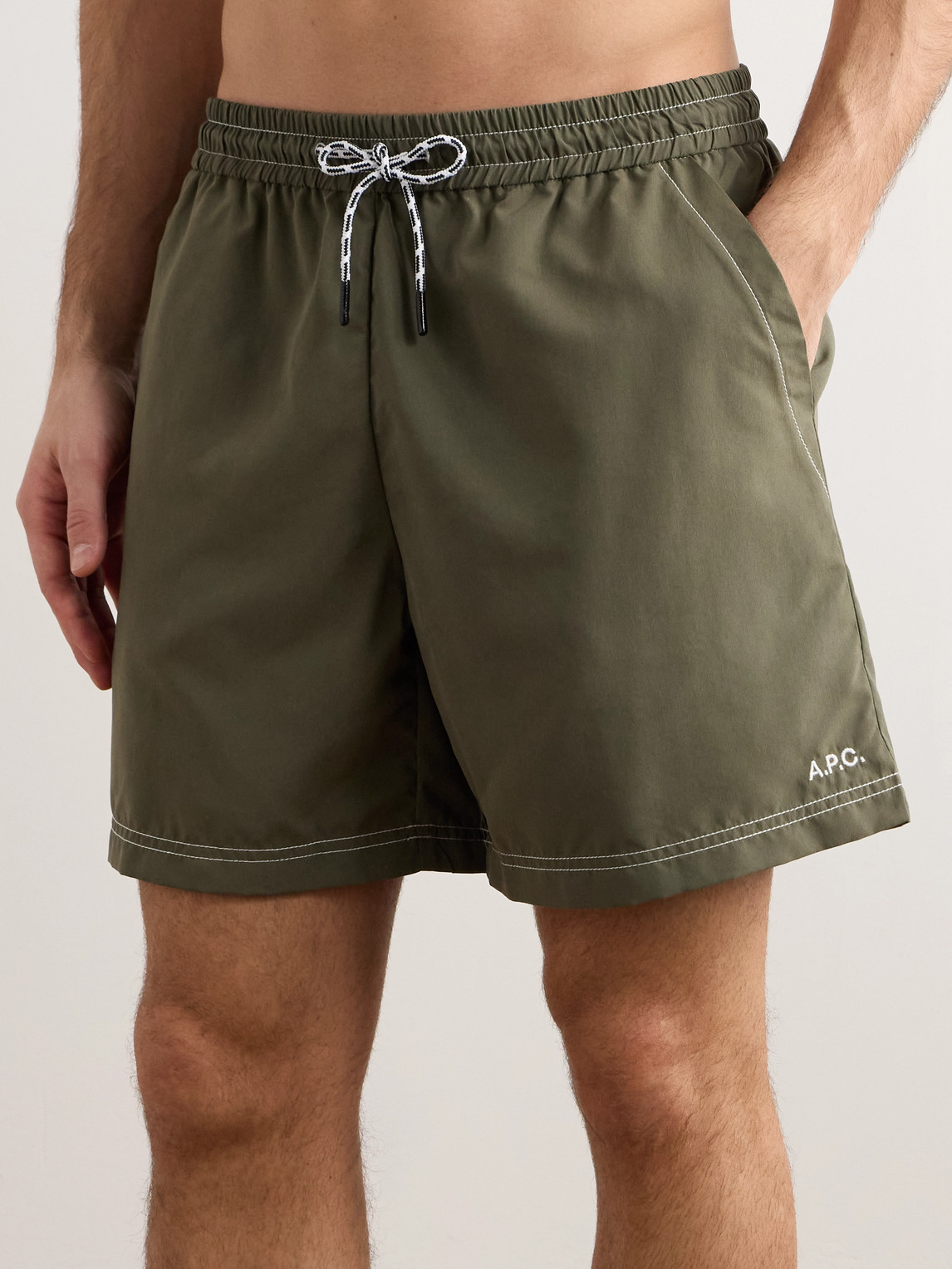 Shop Apc Straight-leg Long-length Logo-embroidered Swim Shorts In Green