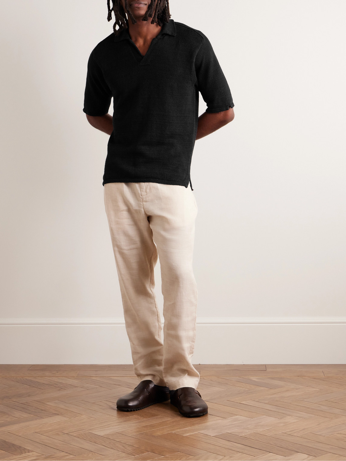 Shop Inis Meain Linen Polo Shirt In Black