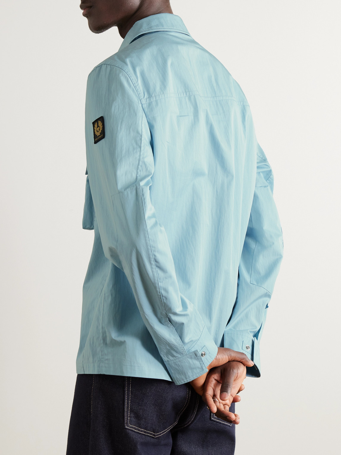 Shop Belstaff Runner Logo-appliquéd Cotton-blend Gabardine Overshirt In Blue