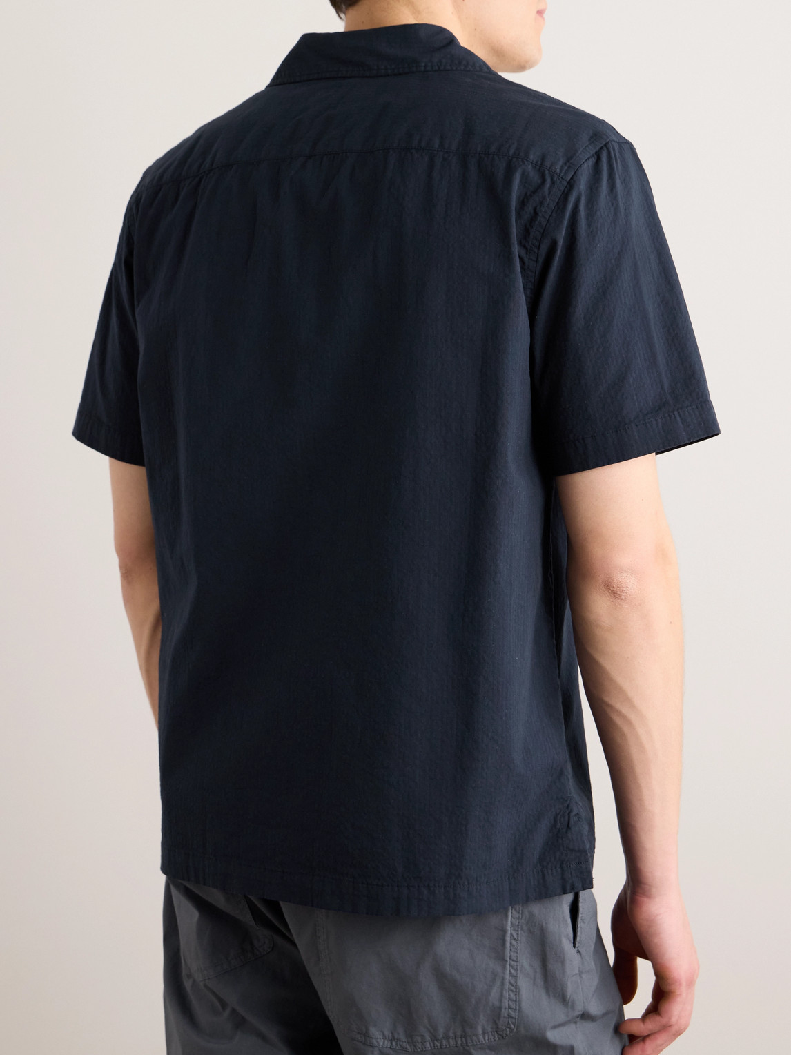 Shop Belstaff Logo-appliquéd Stretch-cotton Seersucker Shirt In Blue