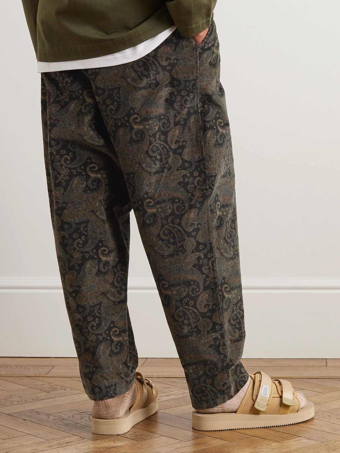 Shop Universal Works Tapered Paisley-print Cotton-corduroy Drawstring Trousers In Brown