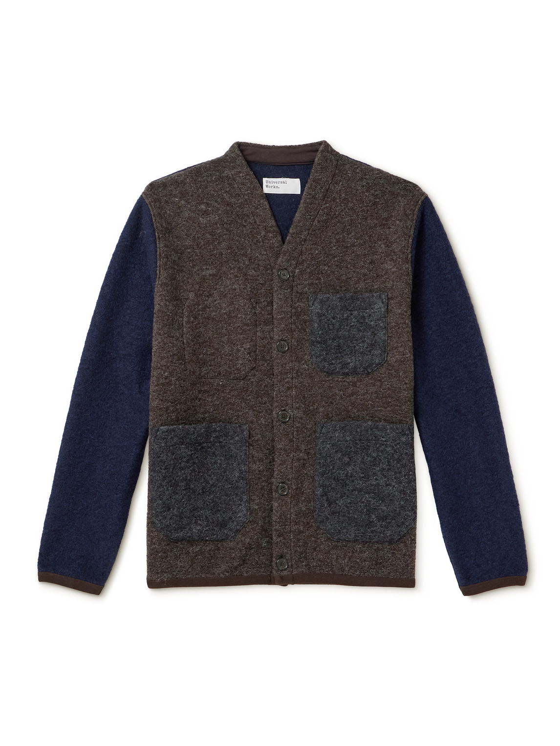 Universal Works Colour-block Wool-blend Fleece Cardigan In Brown