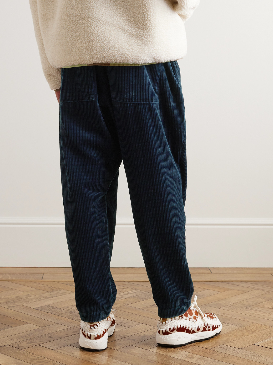 Shop Universal Works Straight-leg Houndstooth Cotton-corduroy Drawstring Trousers In Blue
