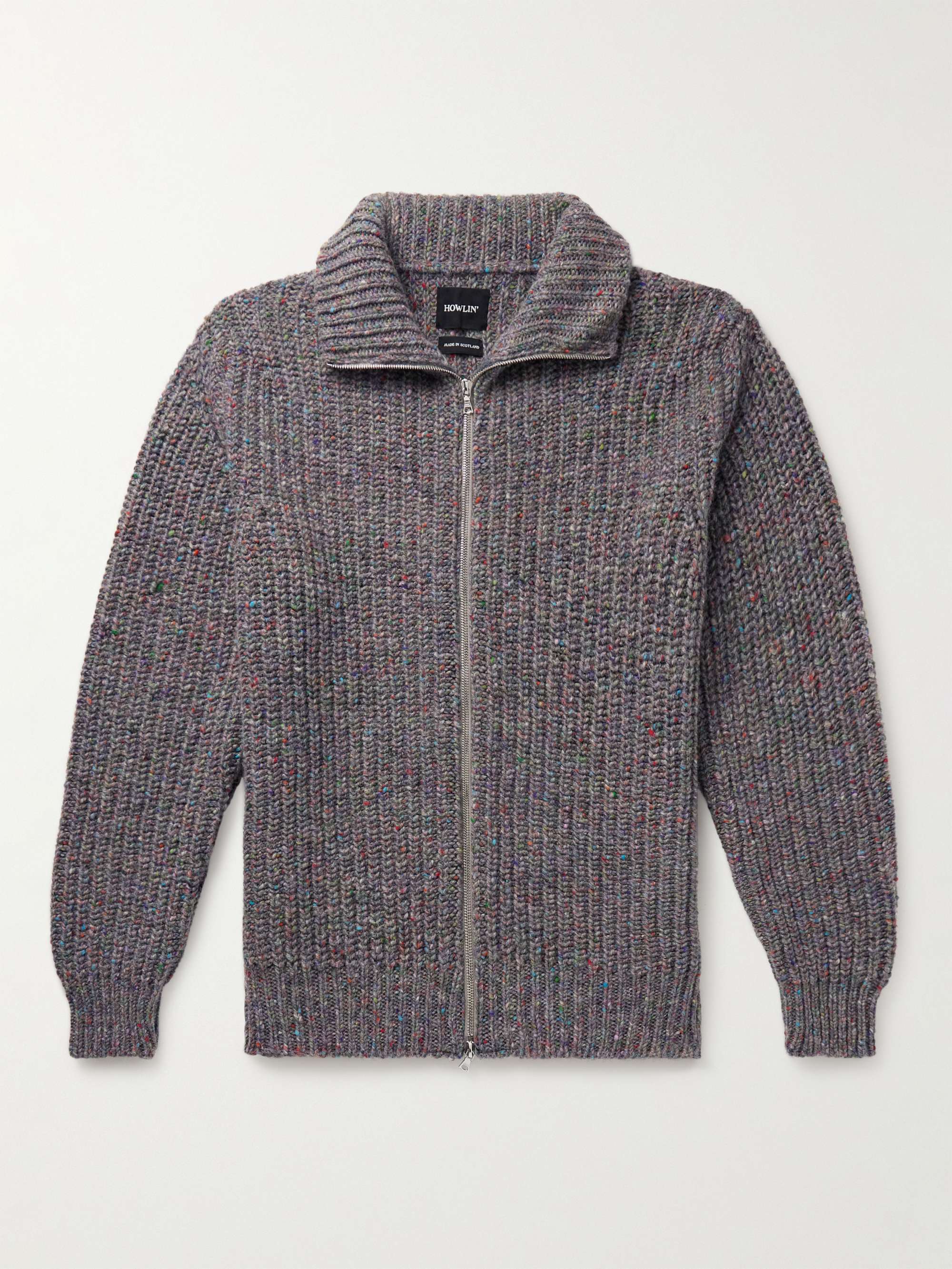 HOWLIN Loose Ends Ribbed Donegal Wool Zip-Up Cardigan,Gray