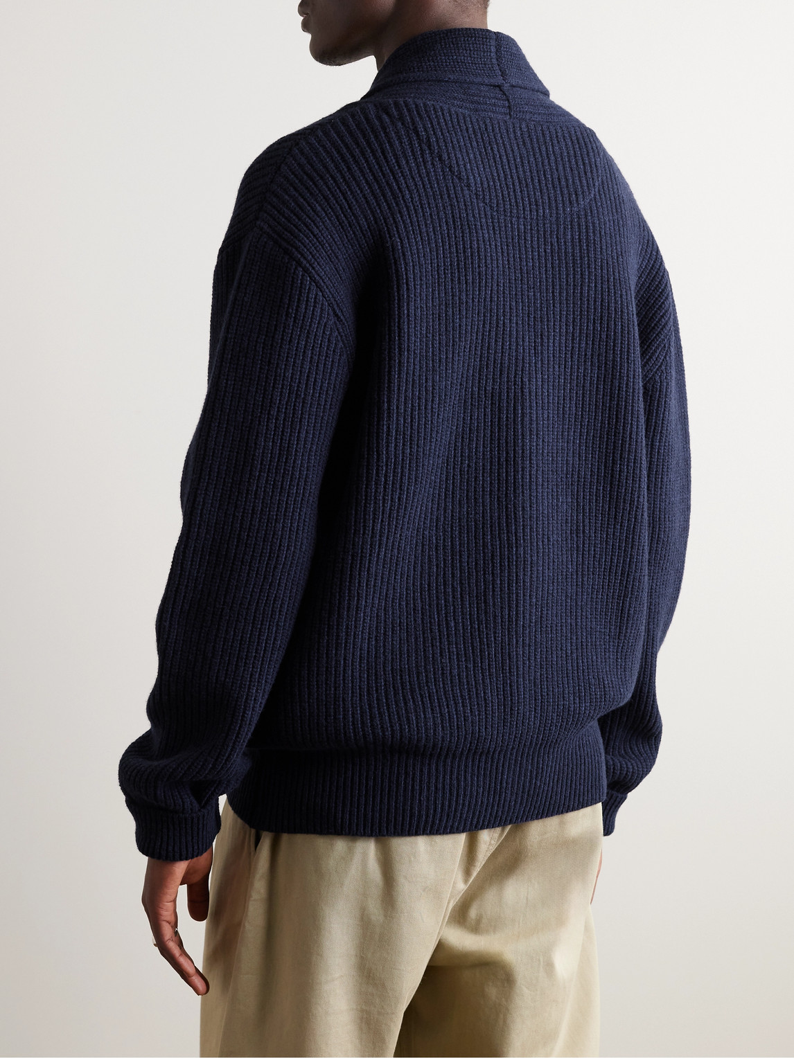 Shop Oliver Spencer Orkeny Shawl-collar Ribbed Wool Cardigan In Blue