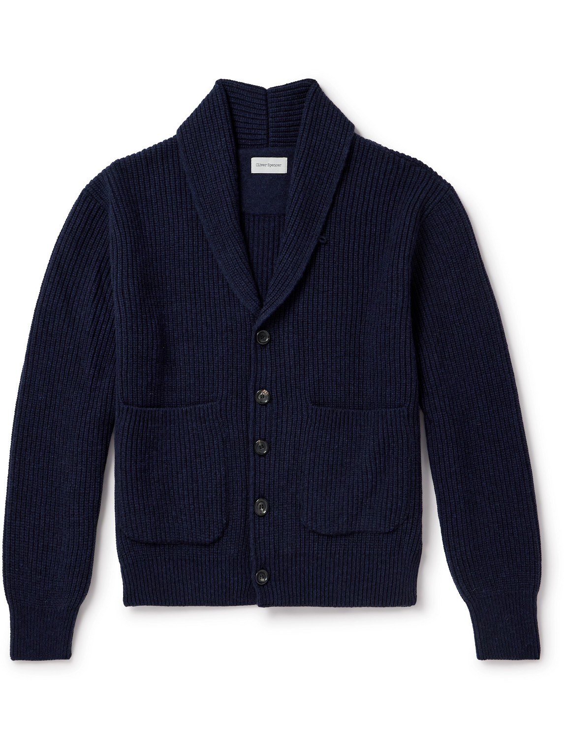 Oliver Spencer Orkeny Shawl-collar Ribbed Wool Cardigan In Blue